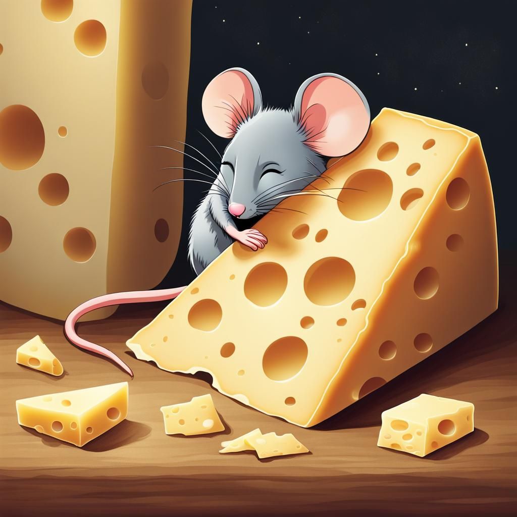 Mouse Sleeping Next to Swiss Cheese