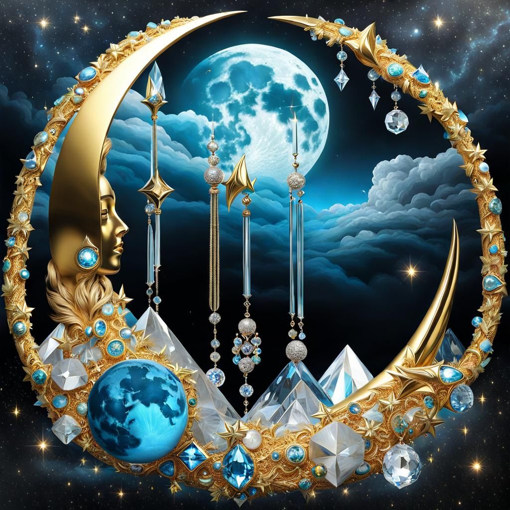 Surreal Creation of Crystal, Moon, Gold, and Silver