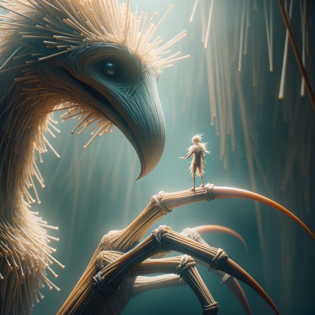 Fantasy Creature Contemplates Tiny Straw Companion