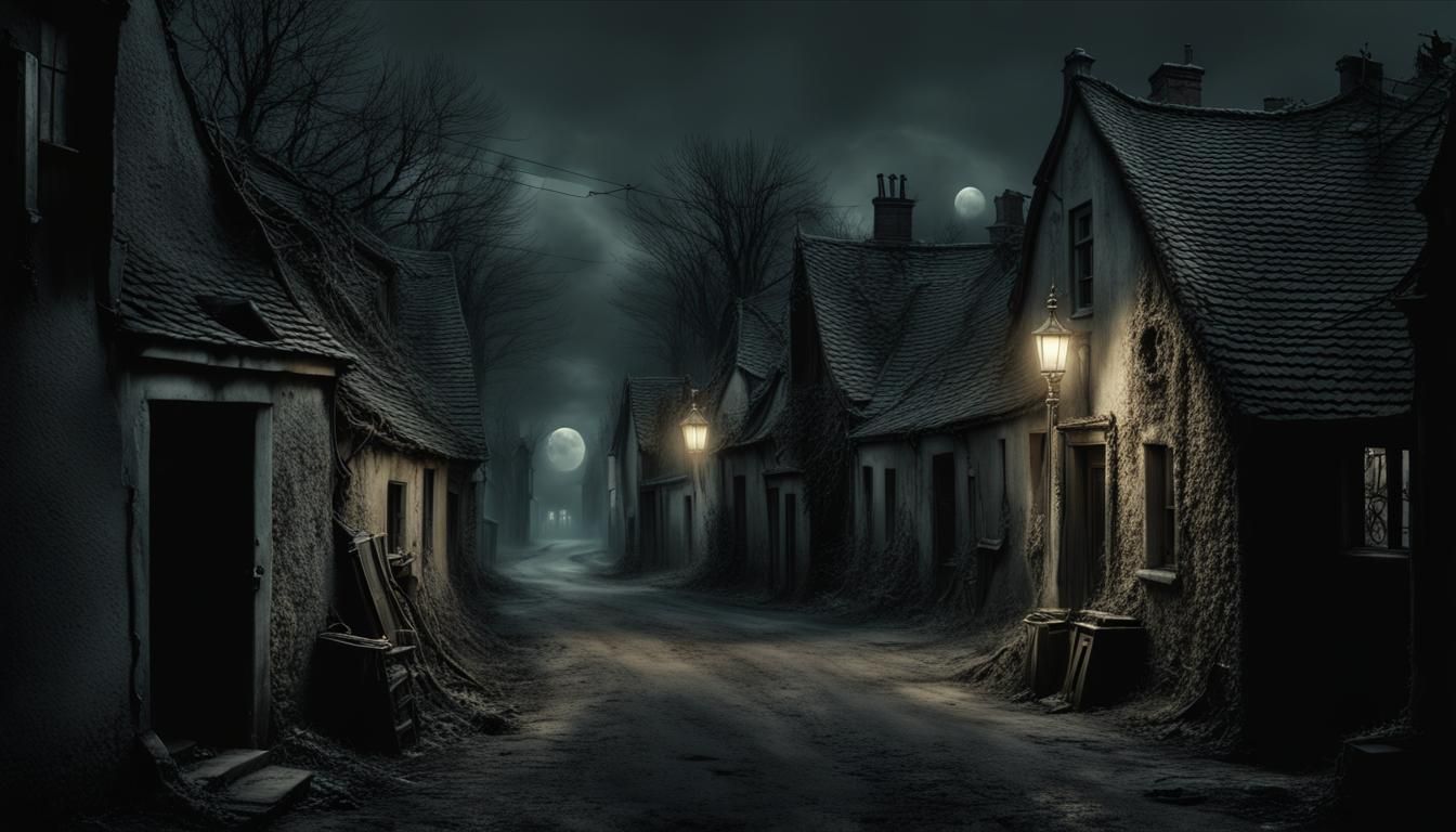 Eerie Moonlit Village in Hyperrealistic Horror Style