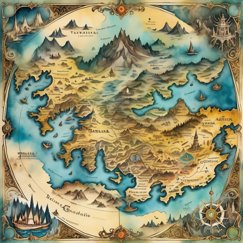 Ornate Watercolor Map of Tartaria with Mythical Creatures