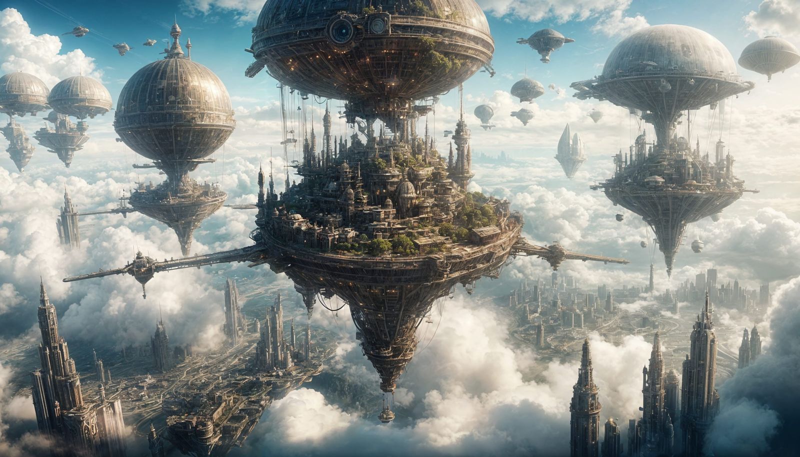 Futuristic Floating City with Airships in the Clouds