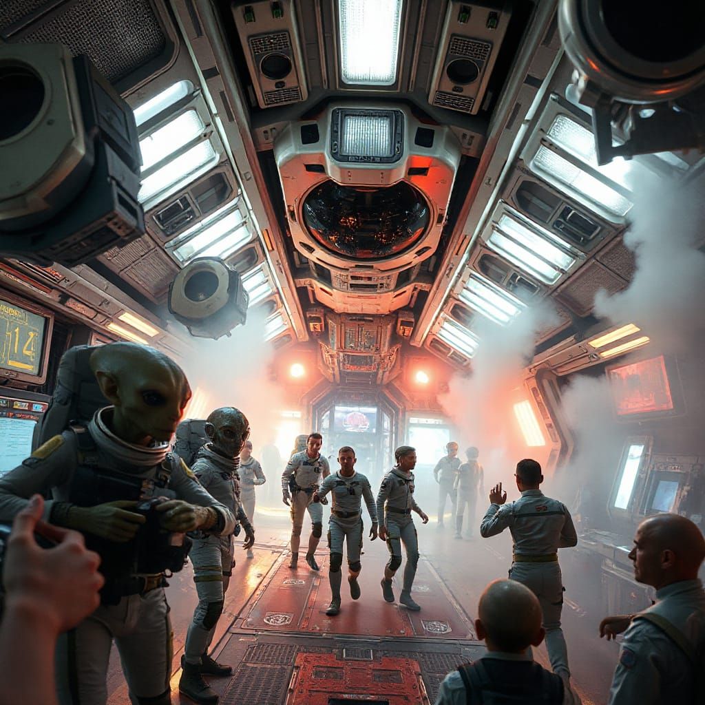 Futuristic Spaceship Interior with Alien Crew in Crisis