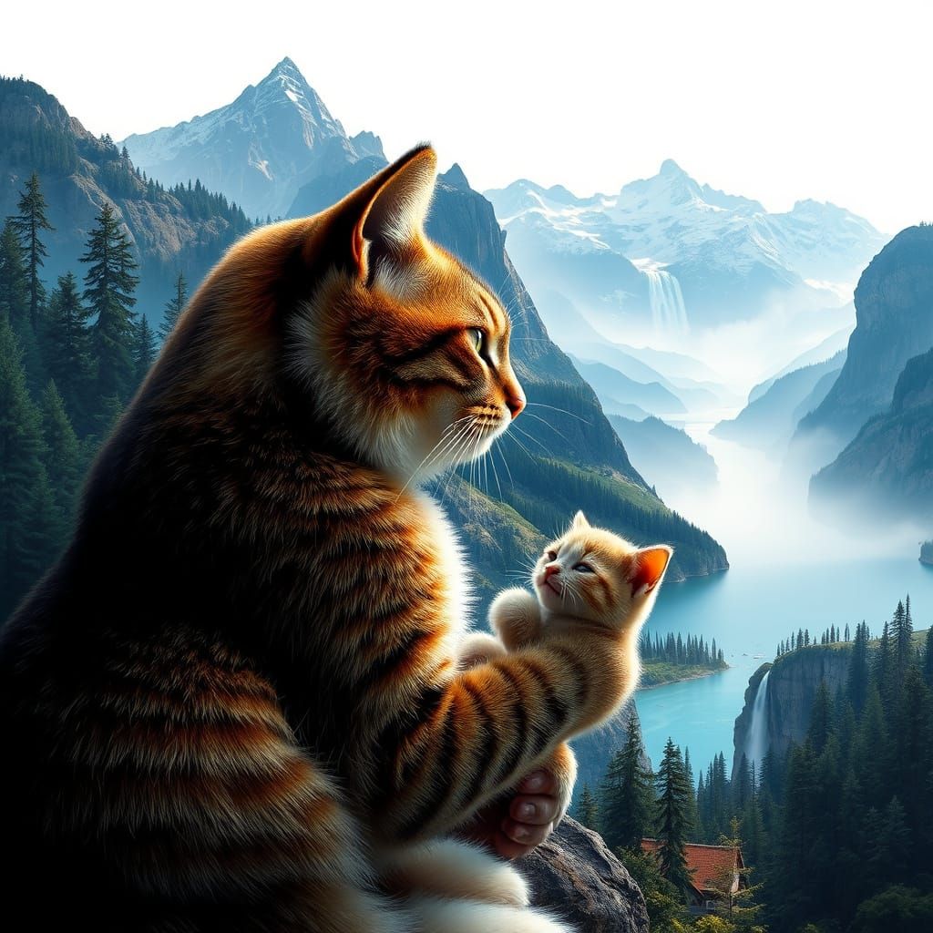 Cat Silhouette Merged with Mountain Landscape
