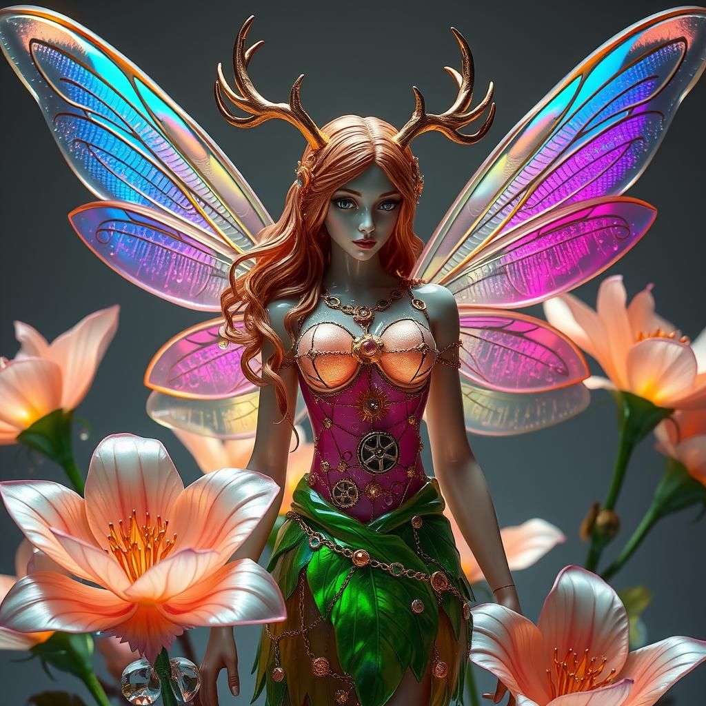 Steampunk Fairy Glass Sculpture with Enameled Flowers