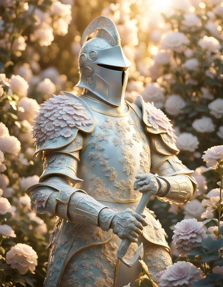 Porcelain Knight Sculpture in Flower Garden