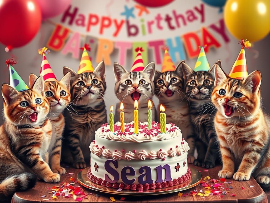 Vibrant Cats Gather Around a Birthday Cake in Photorealistic...