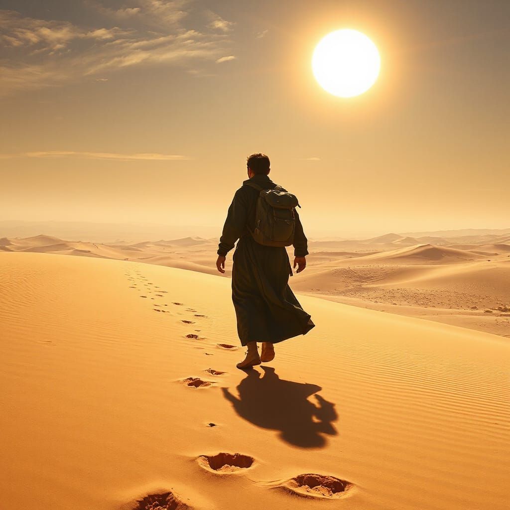 Heroic Wanderer Battles Endless Desert Landscape in Vibrant,...
