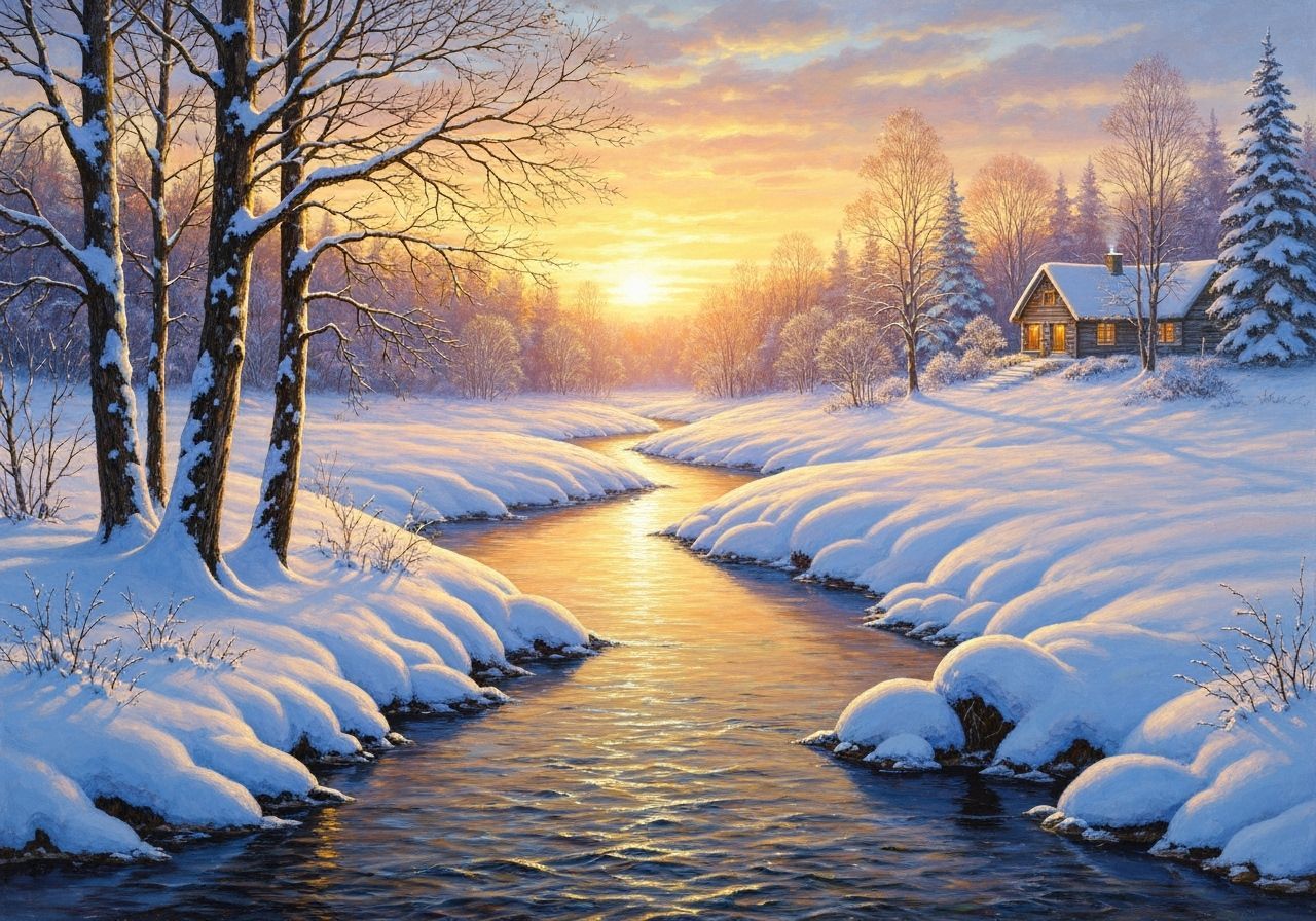 Serene Winter Landscape Painting with Sunset Hues