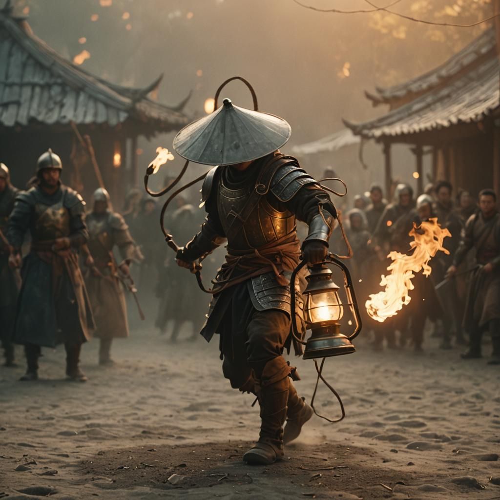Warrior Charges with Whip and Lantern in Cinematic Style