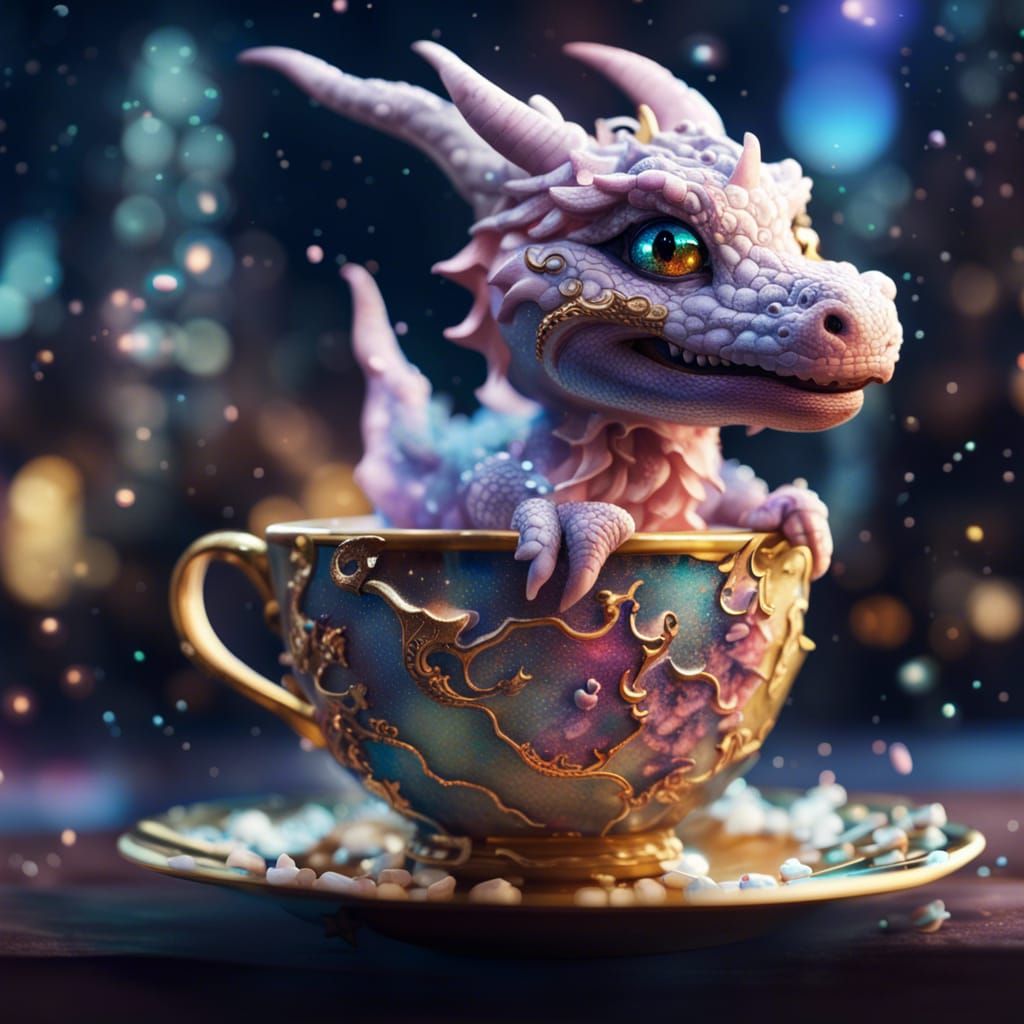 Baroque Marshmallow Dragon in Teacup: Hyperrealistic Art