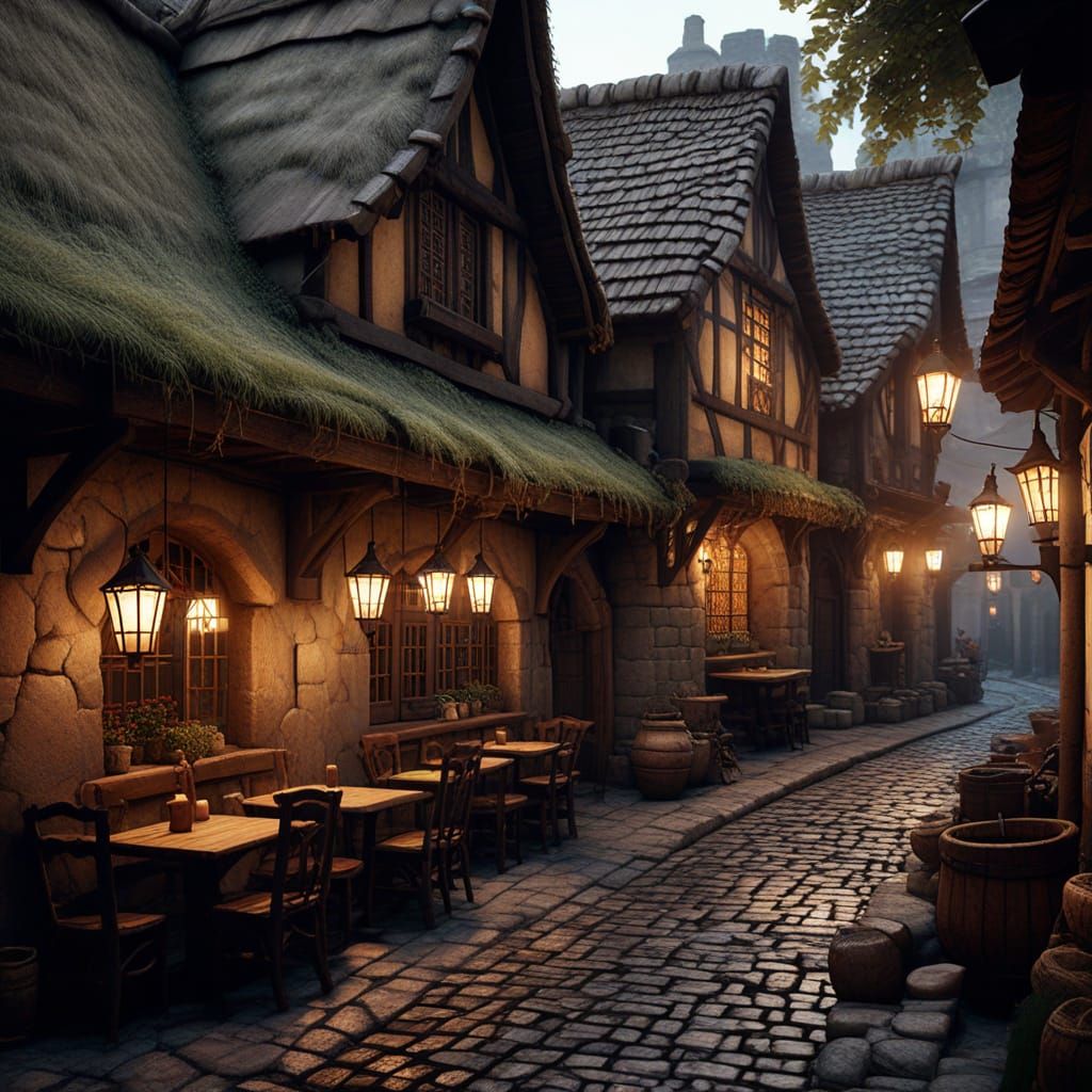 Medieval Tavern in Stone Alleyway with Lantern Light