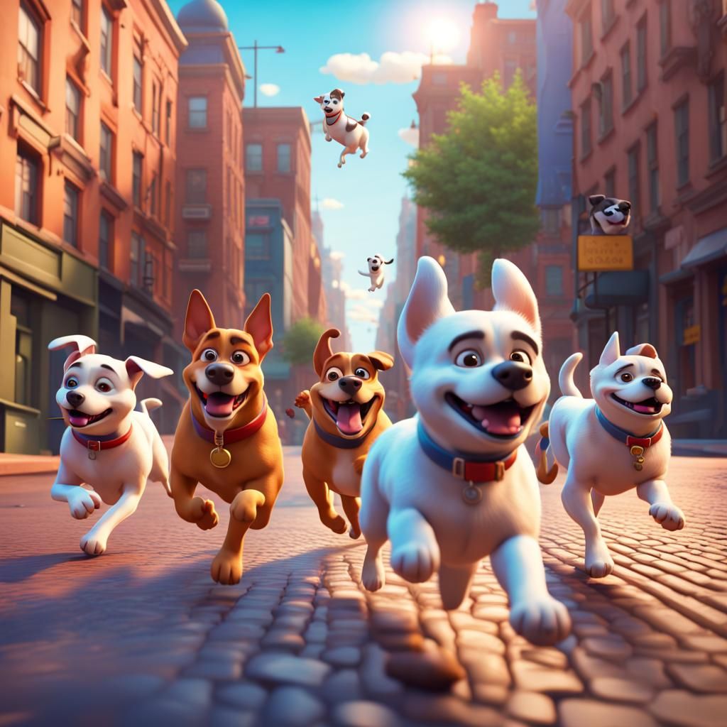 Dogs Run Wild in the City: 3D Digital Art
