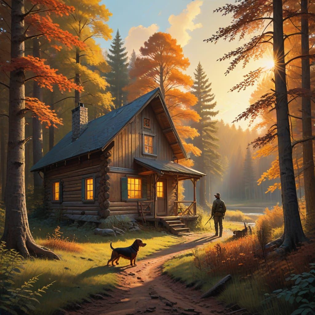 Hunter and Dachshund in Forest, Impressionist Painting