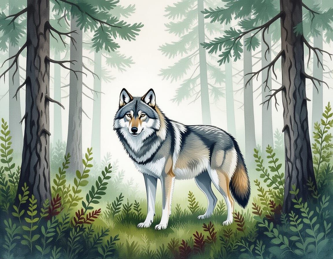 Wolf in Taiga Forest: Gouache Painting