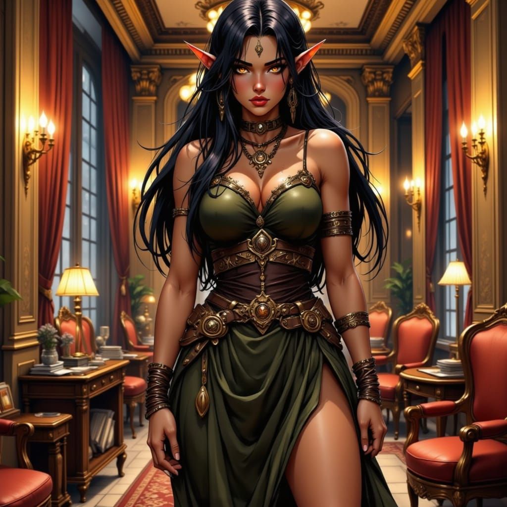 Pale Elf in Green Dress, Fantasy Art