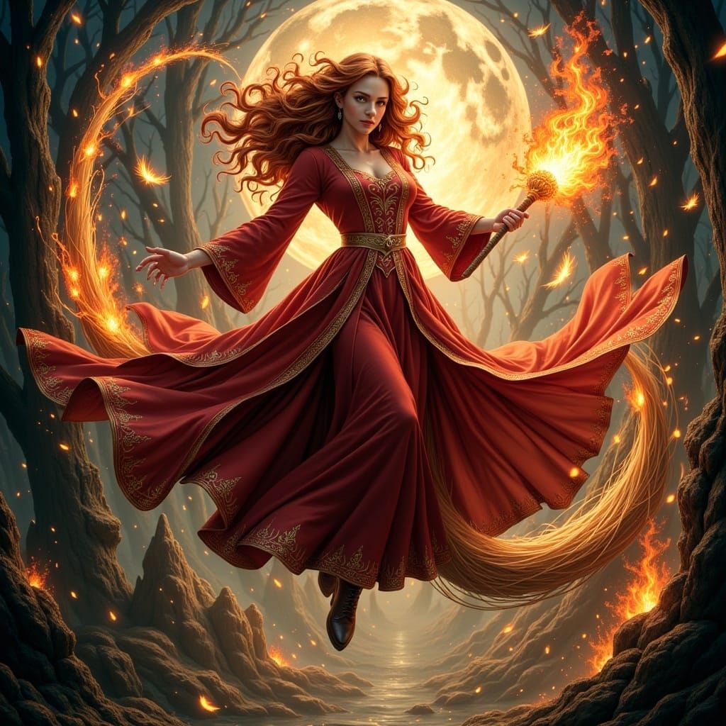 Fiery Witch Soaring Through Moonlit Landscape