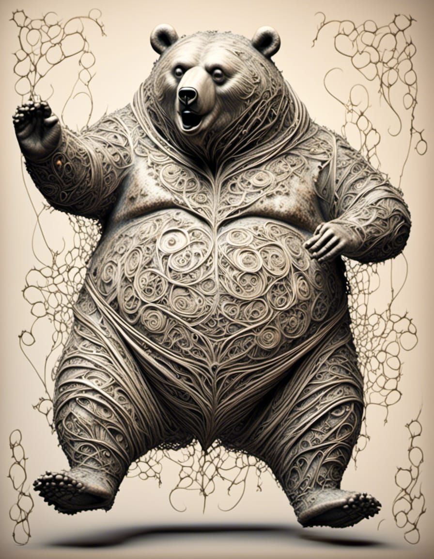 Calligraphic Line-Drawing of Dancing Obese Bear
