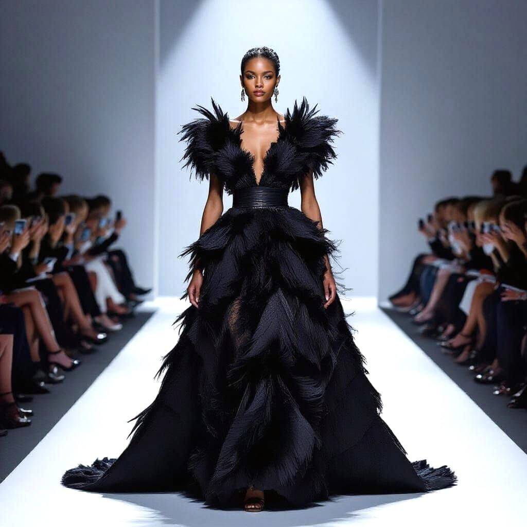 Black Feather Couture Gown on Paris Runway