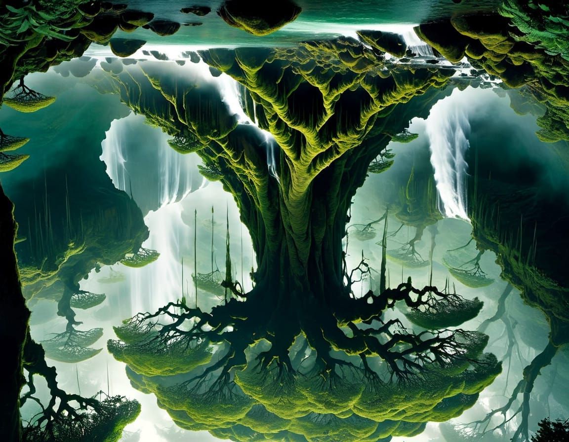 Trees Grow Upside Down Near Majestic Waterfall