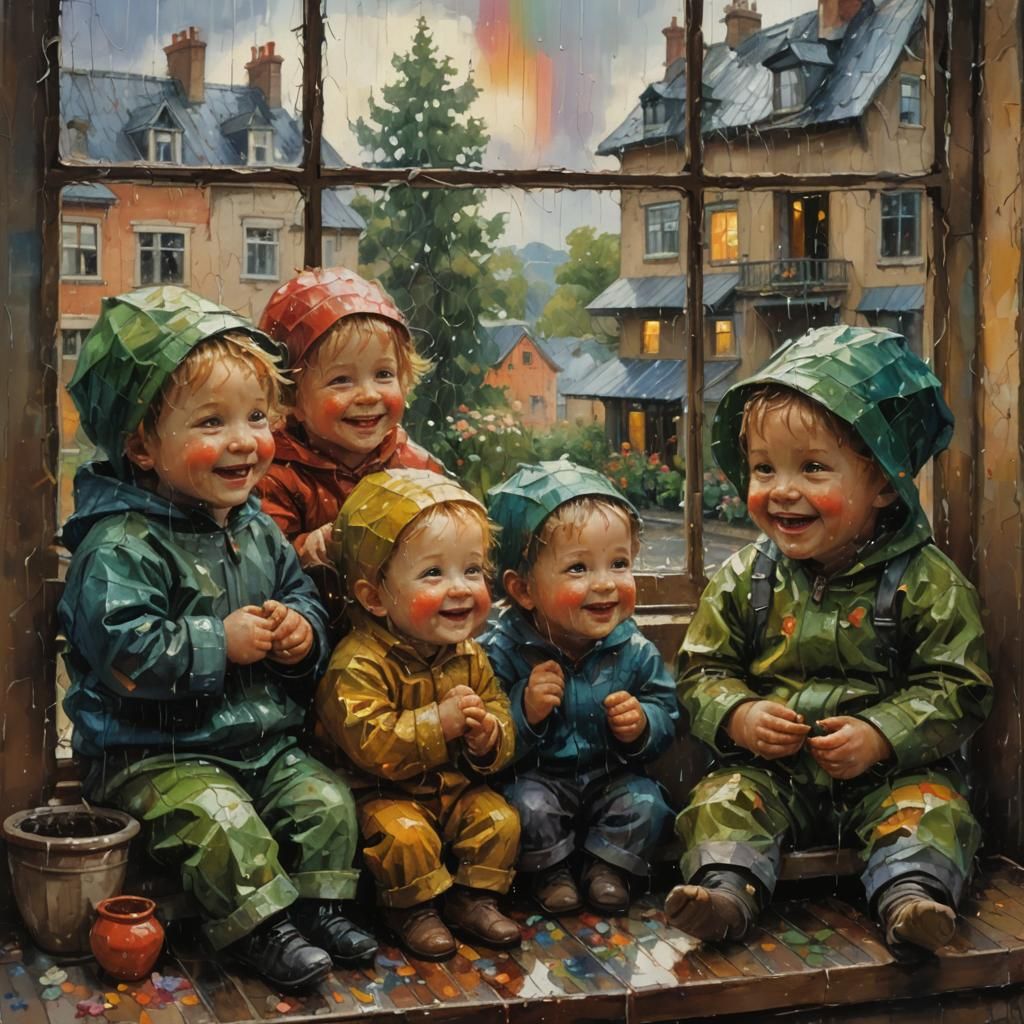 Toddlers Watching Rain: Neo-Impressionist Oil Painting