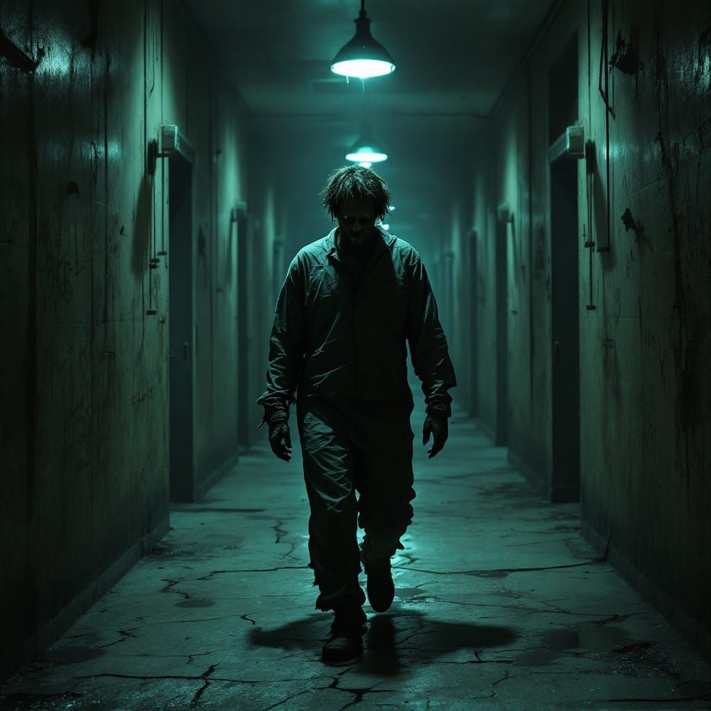 Abandoned Asylum Corridor in Creepy Neon Light