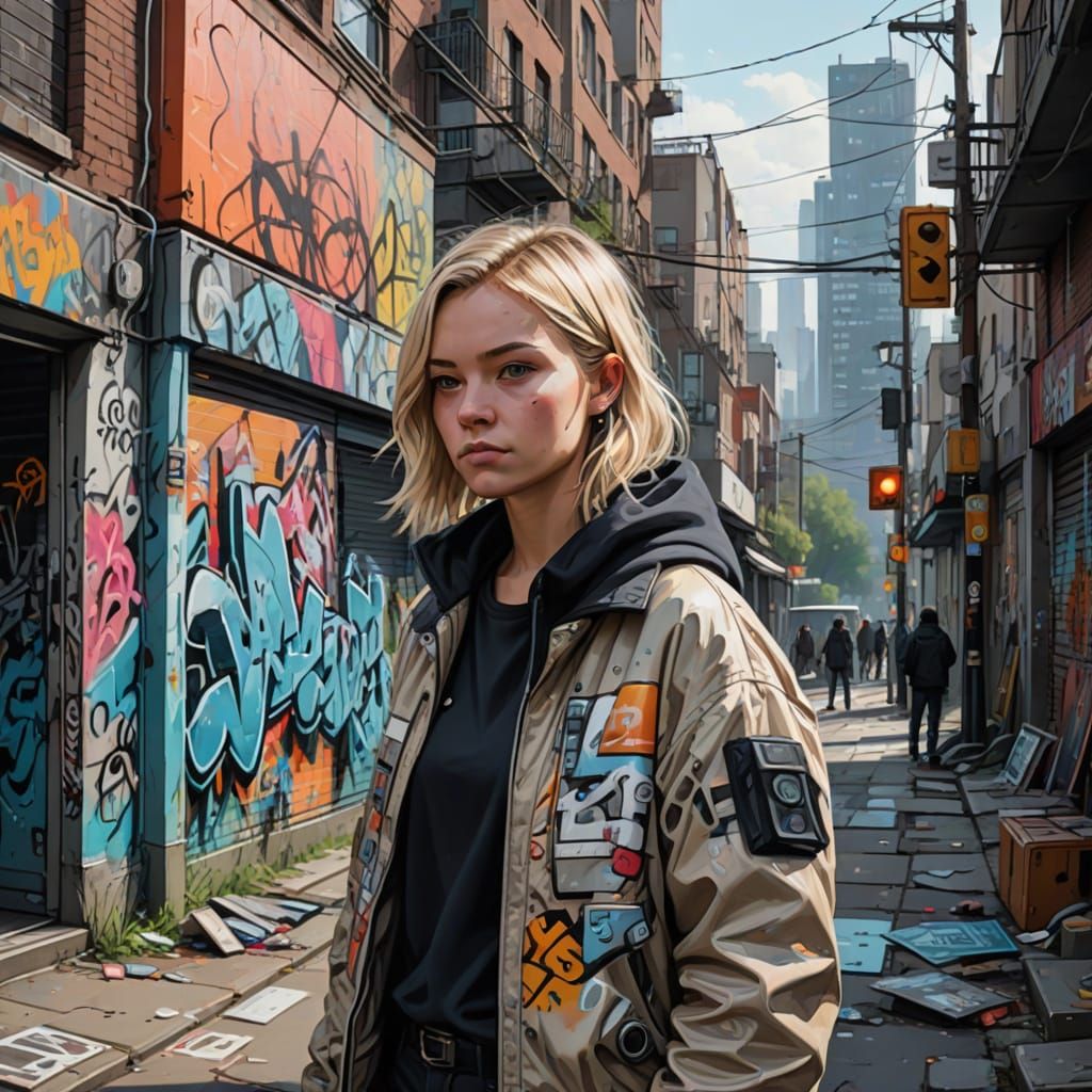 Blonde Woman Merges with Binary Code in Futuristic Urban Lan...