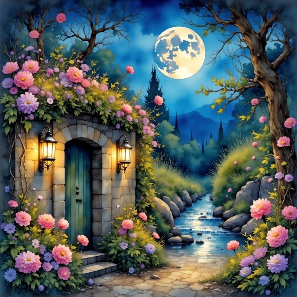 Moonlit English Garden in Painterly Style