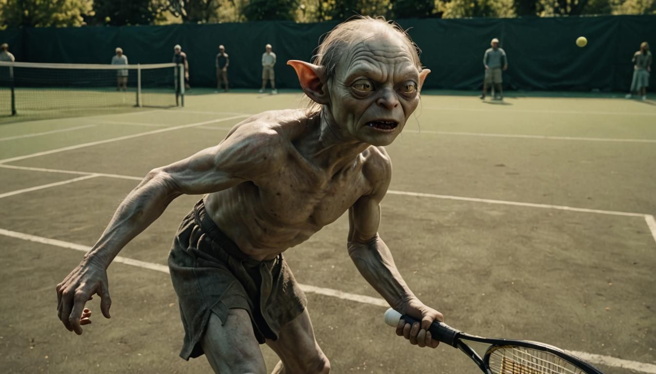 Gollum playing tennis on a beautiful tennis court in the city of Gondor