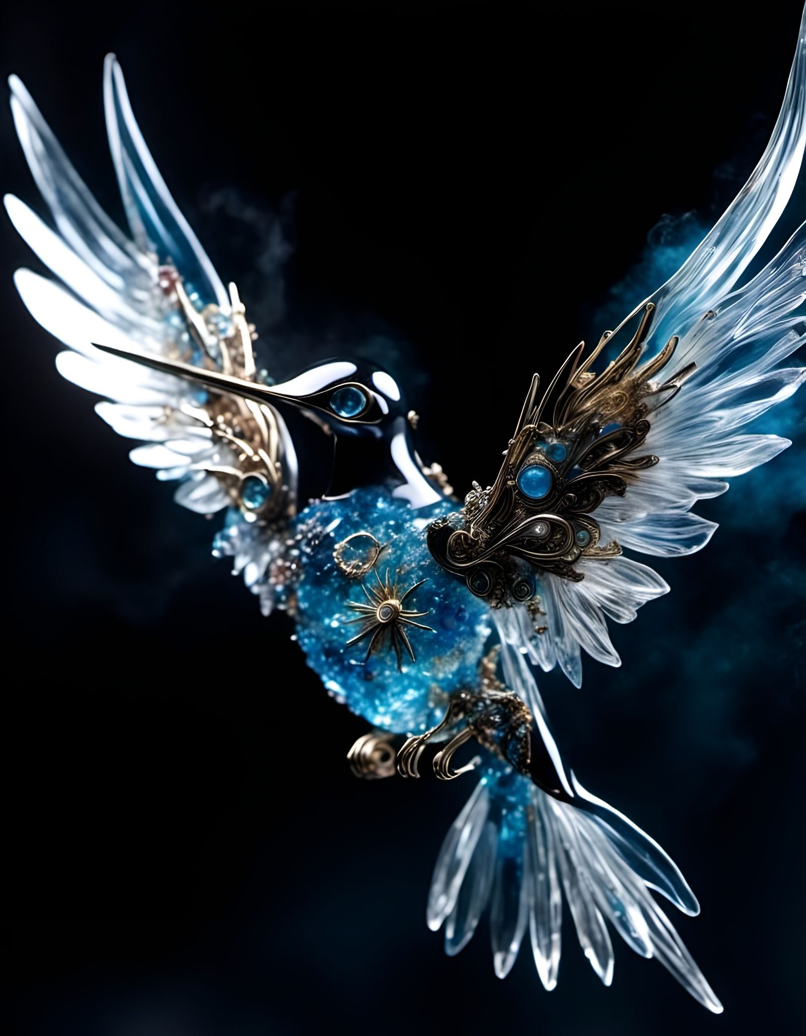 Steampunk Hummingbird in Flight: Glass and Crystal