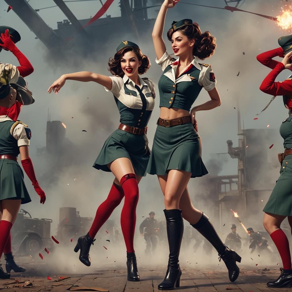 Brunette Pin-Up Dancer in Military Uniform, Detailed Digital...