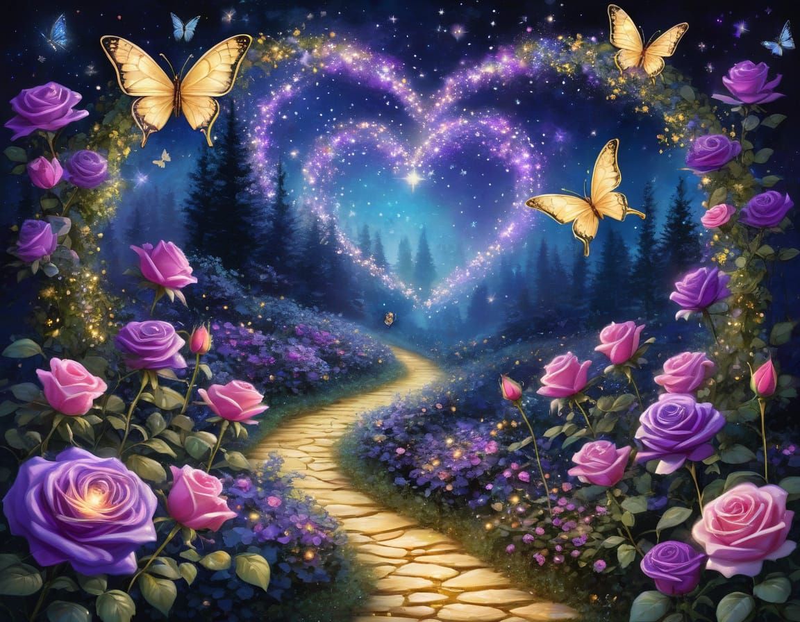 Whimsical Starry Night Scene with Roses and Butterflies