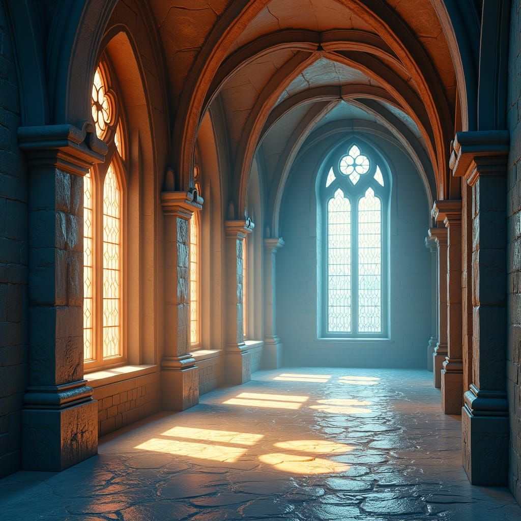 Ethereal Stone Castle Hallway in Gothic Style