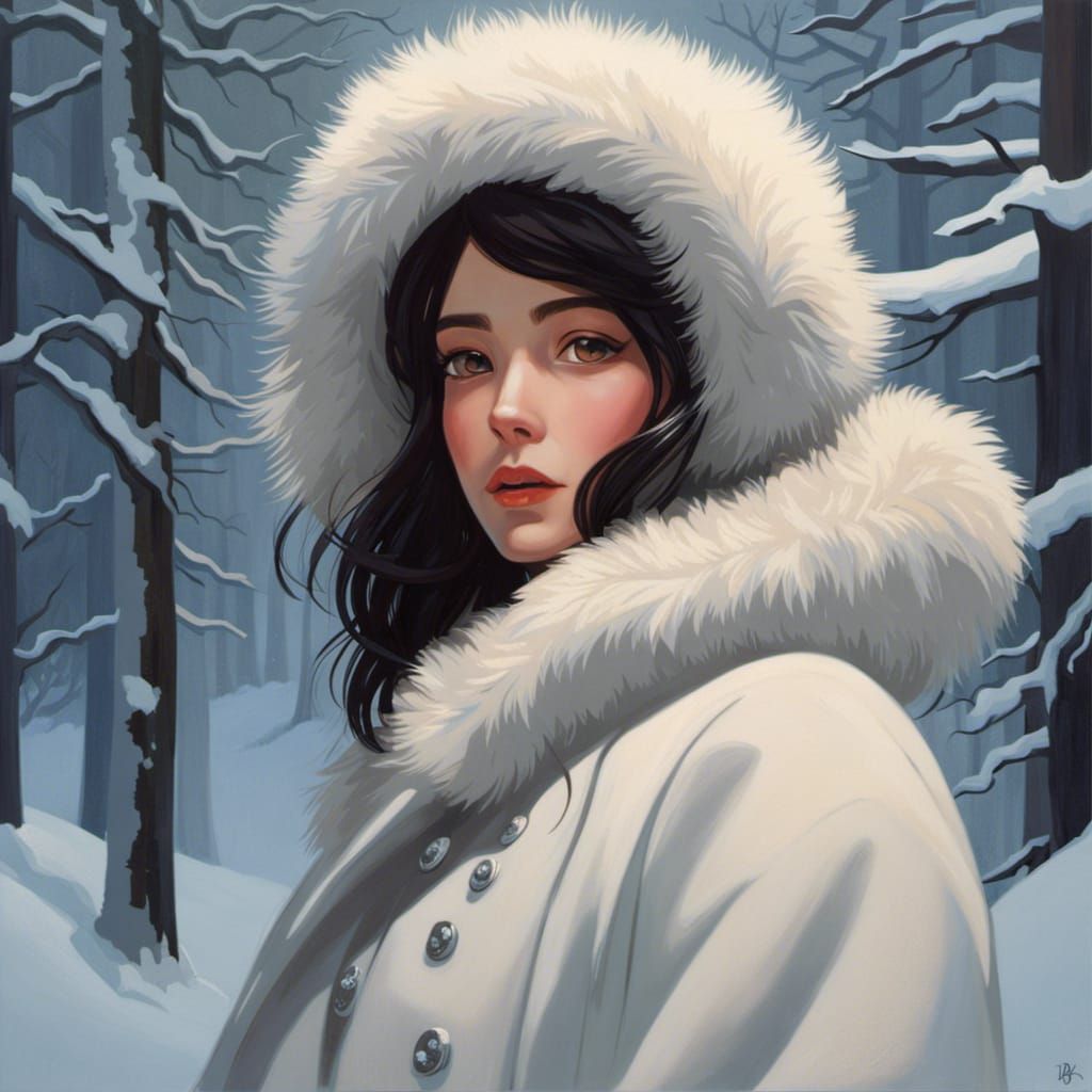Woman in Snowy Forest Portrait, Animation Style