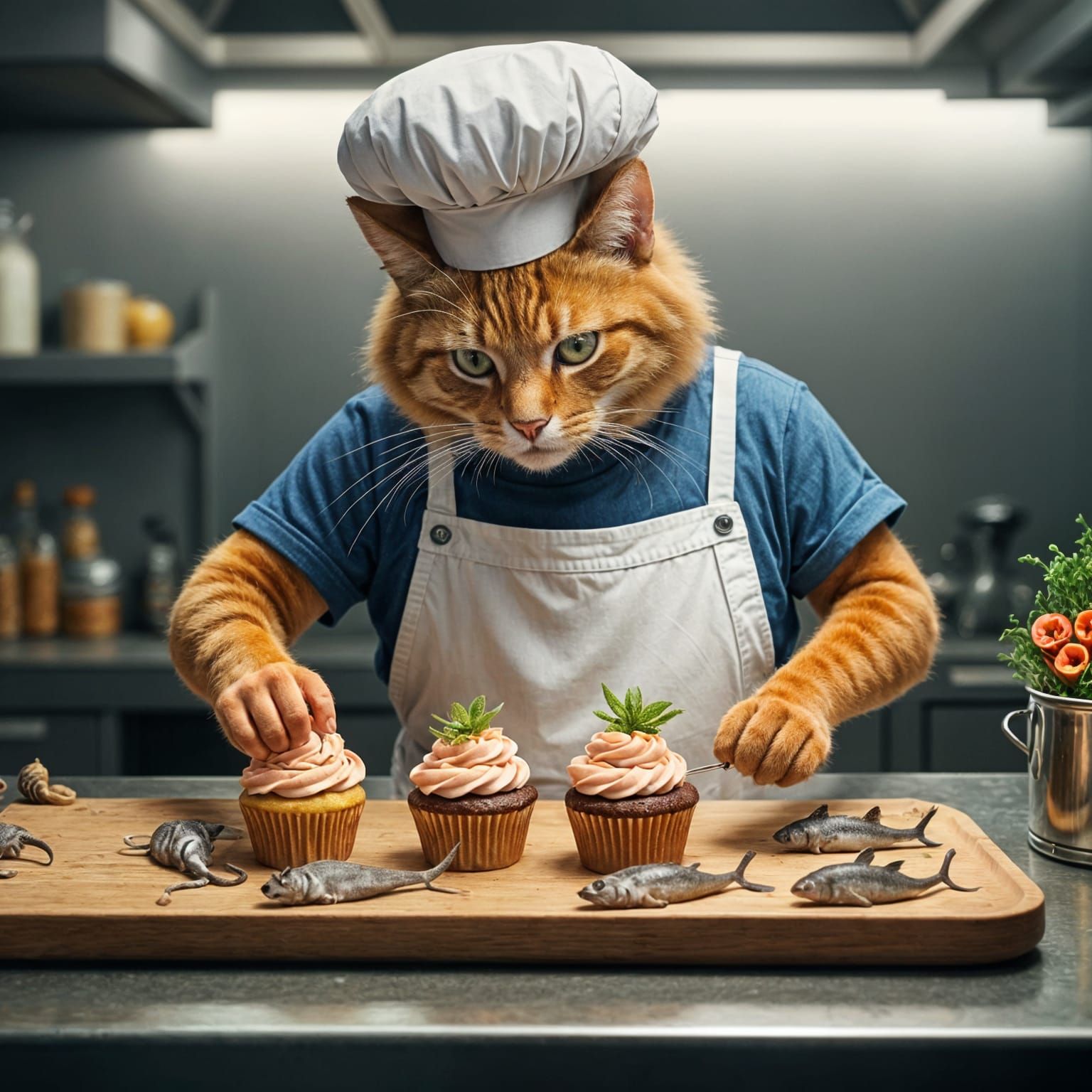 Anthropomorphic Cat Chef Decorates Salmon Cupcakes