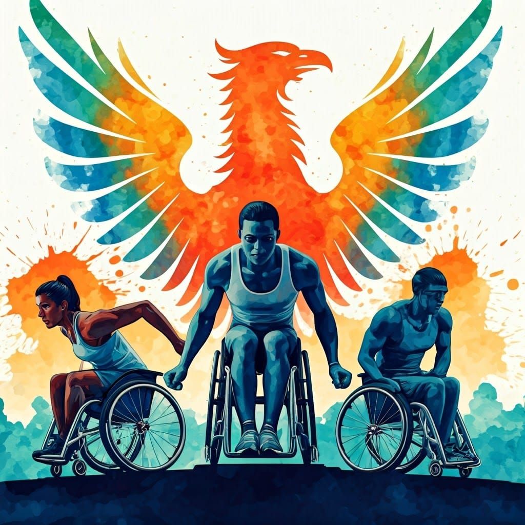 Dynamic Paralympics Scene with Watercolor Phoenix