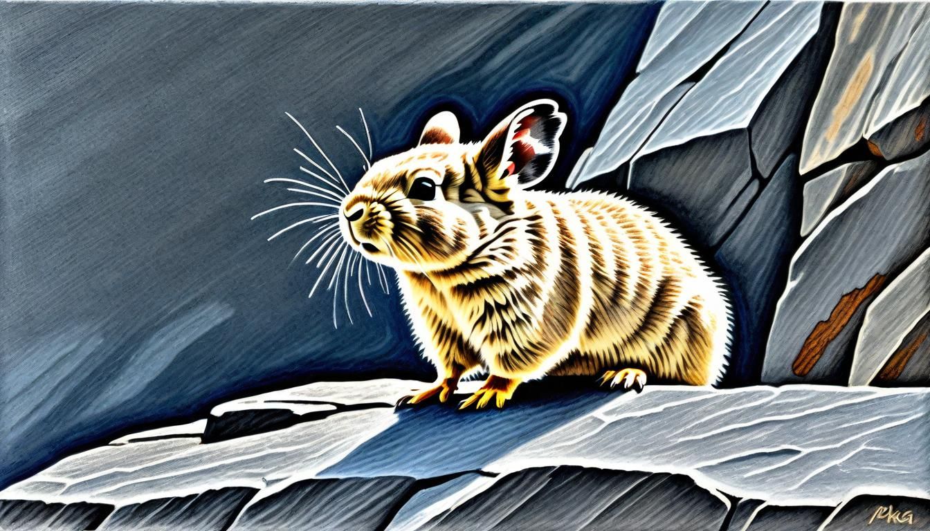 Cream Pika on Slate Ledge in Colored Pencil
