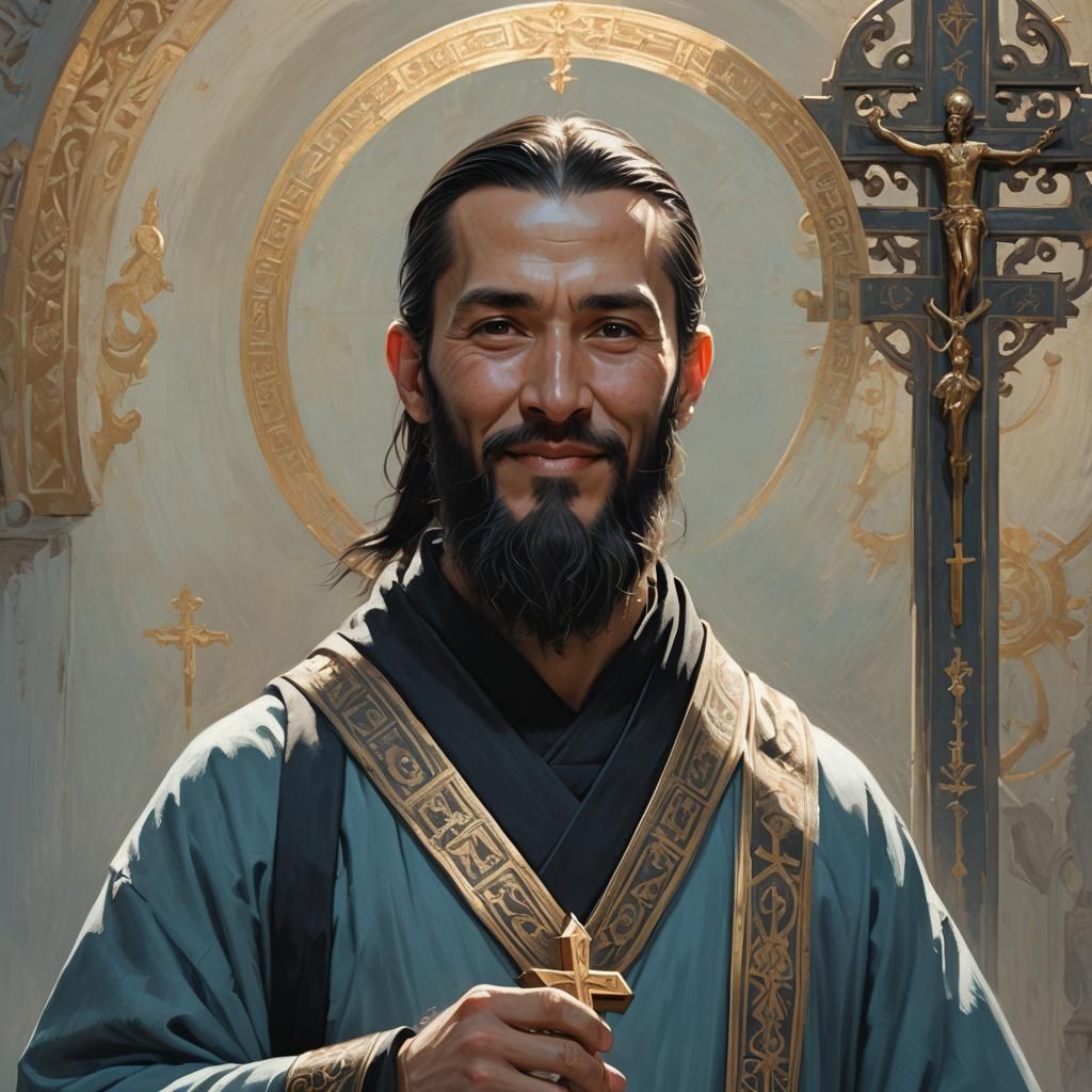 A smiling Orthodox monk facing forward, wearing a black robe...