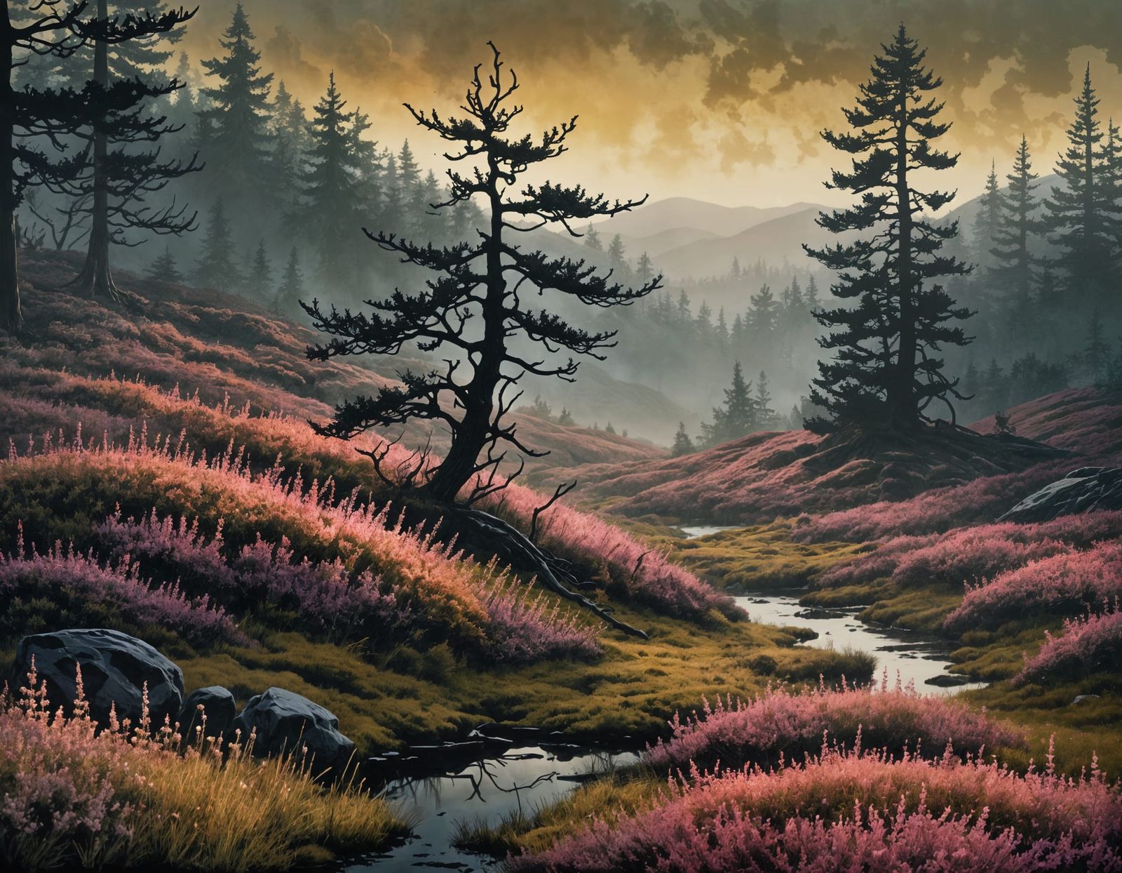 Misty Heather Field in Metallic Ink Style