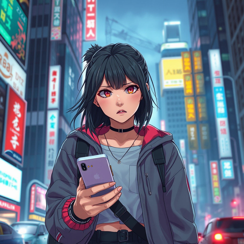 Frustrated Woman in Neon Japanese Cityscape: Anime Art