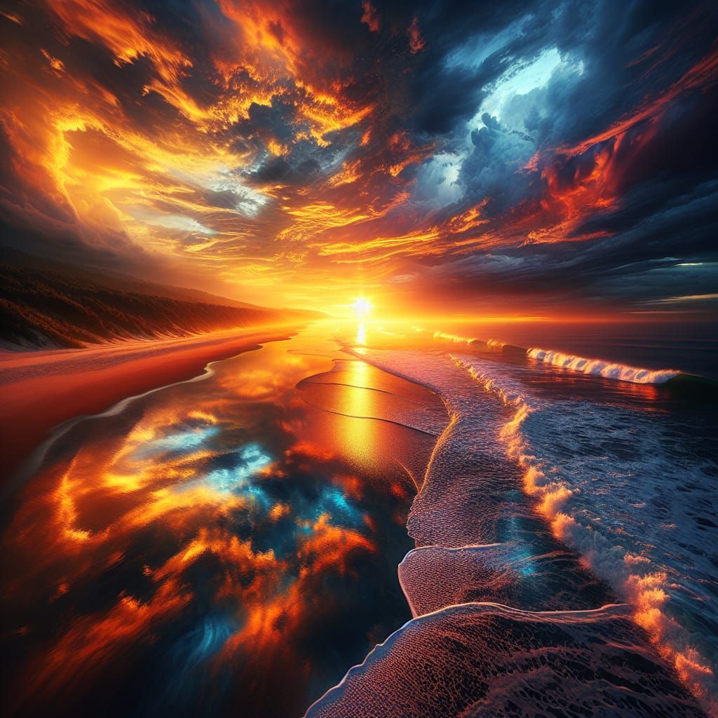 Hyperrealistic Sunset on Desolate Coastal Beach Photograph
