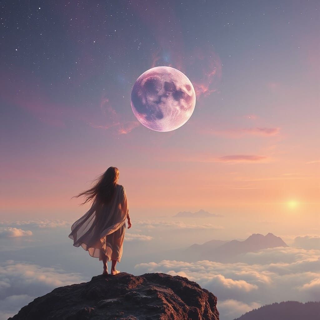 Ethereal Figure on Cliff Overlooking Dreamlike Ocean
