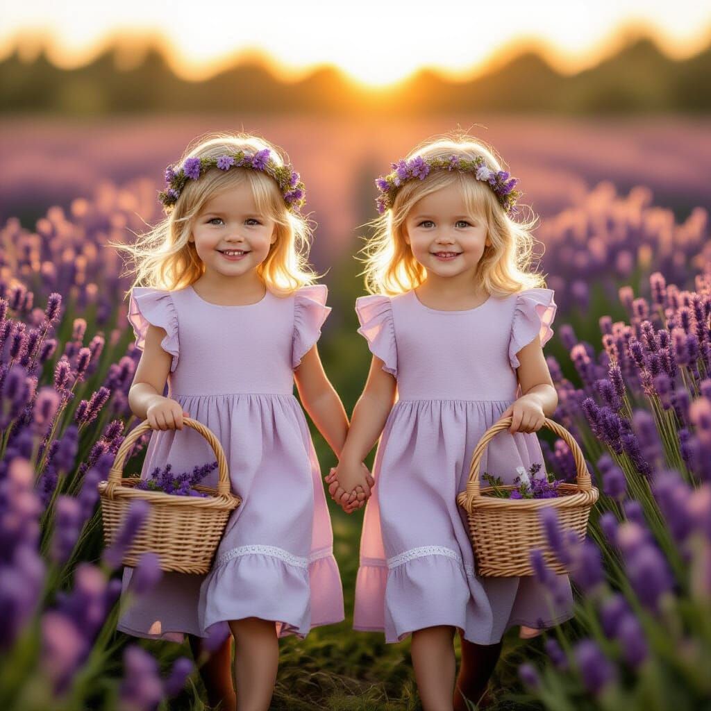 Twin Girls in Lavender Field at Golden Hour