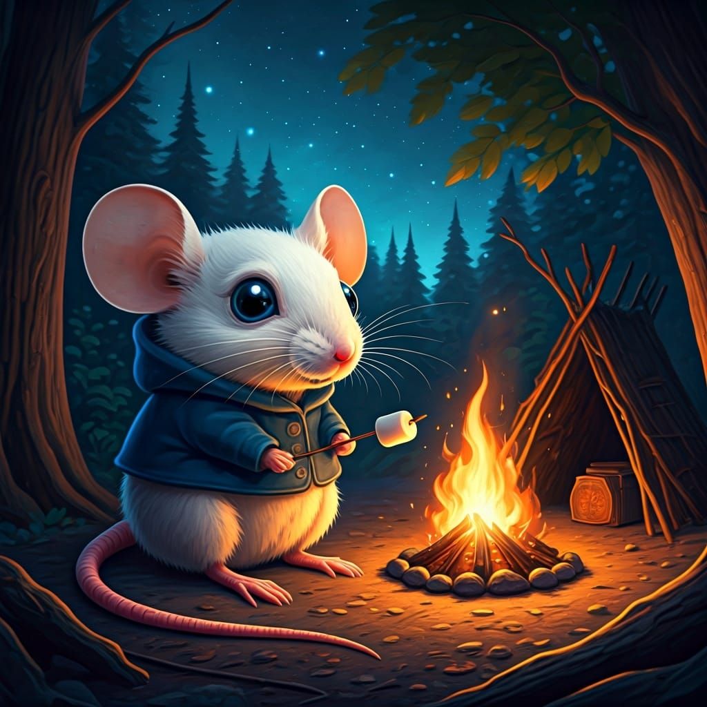 Field Mouse Roasting Marshmallow Under Starry Night Sky