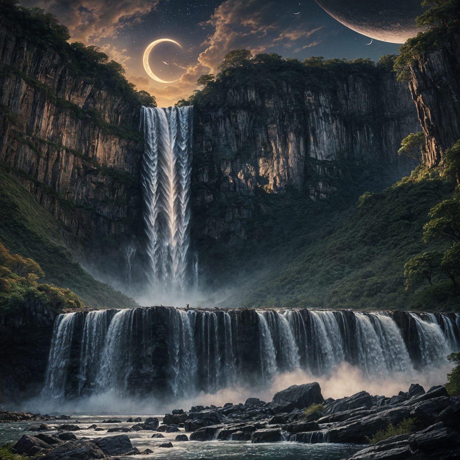 Majestic Waterfall Under Radiant Moonlight: Fantasy Art