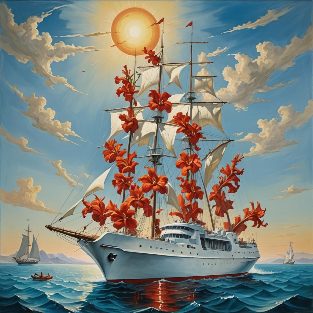 Surreal Corvette Ship with Gladioli, Dali Style