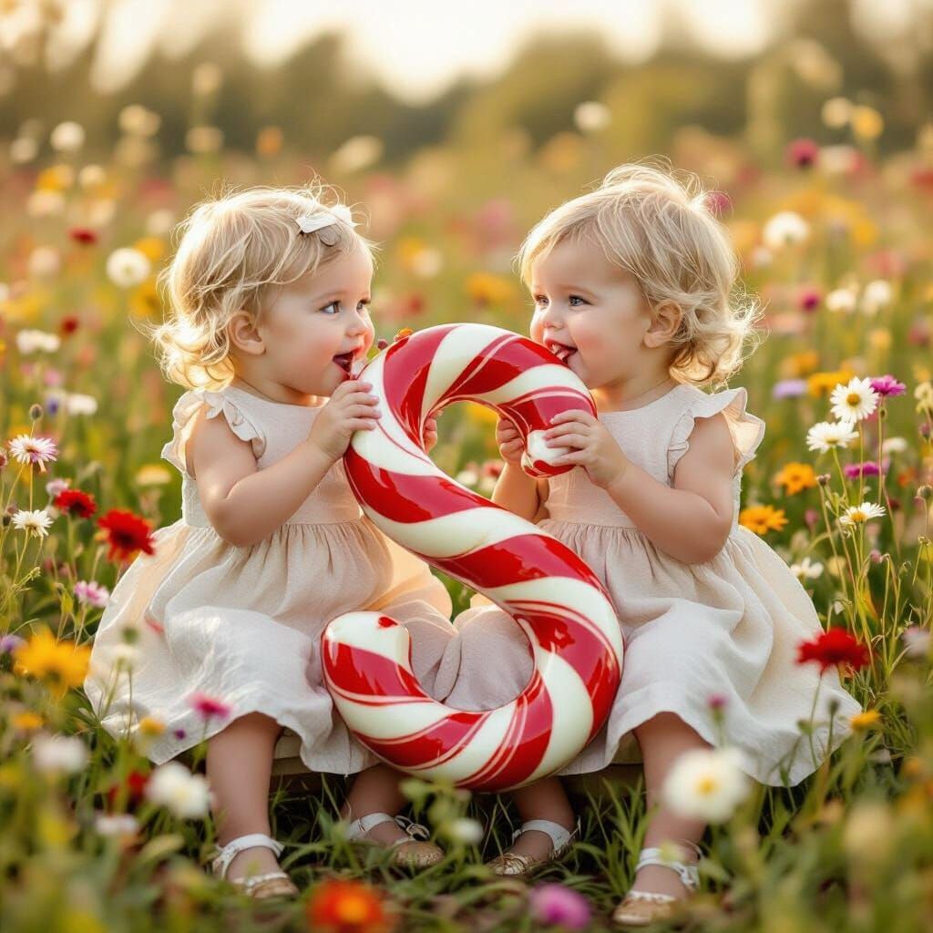Toddlers Enjoying Candy in a Wildflower Field