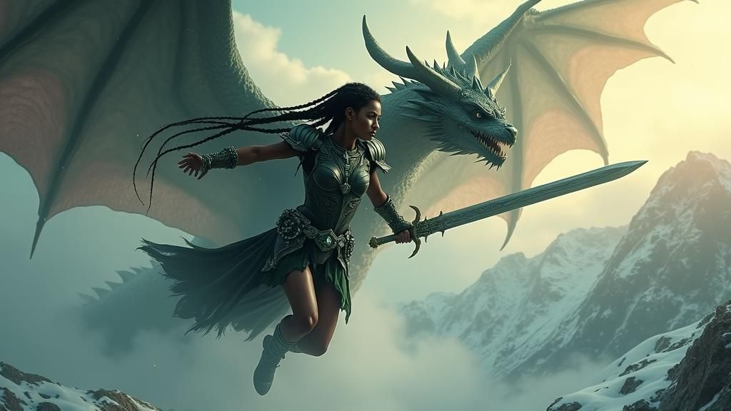 Woman Battles Dragon Over Snowy Mountains in Fantasy Art