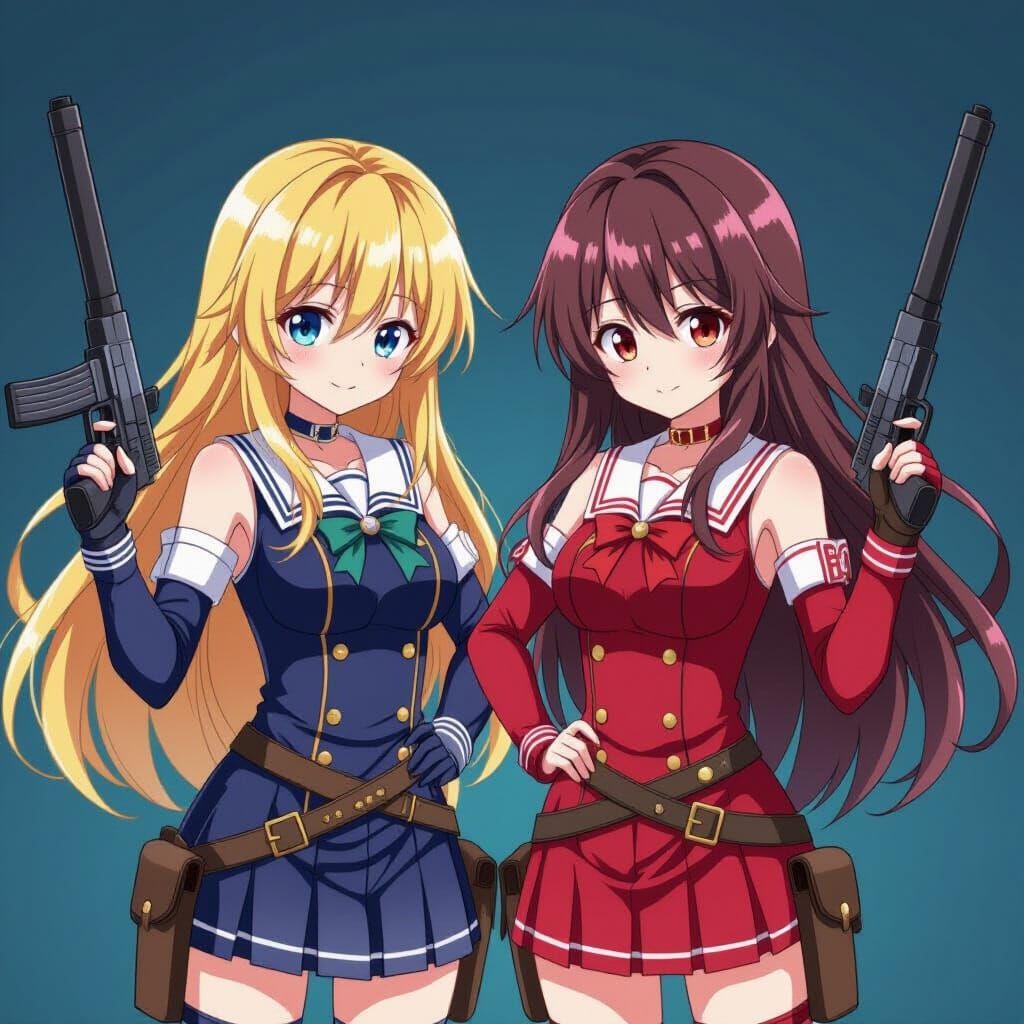 Anime Girls with Weapons: Blonde and Brunette