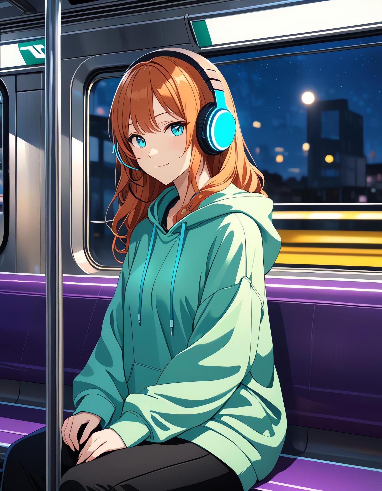 Girl on Subway Train with Aqua Accents
